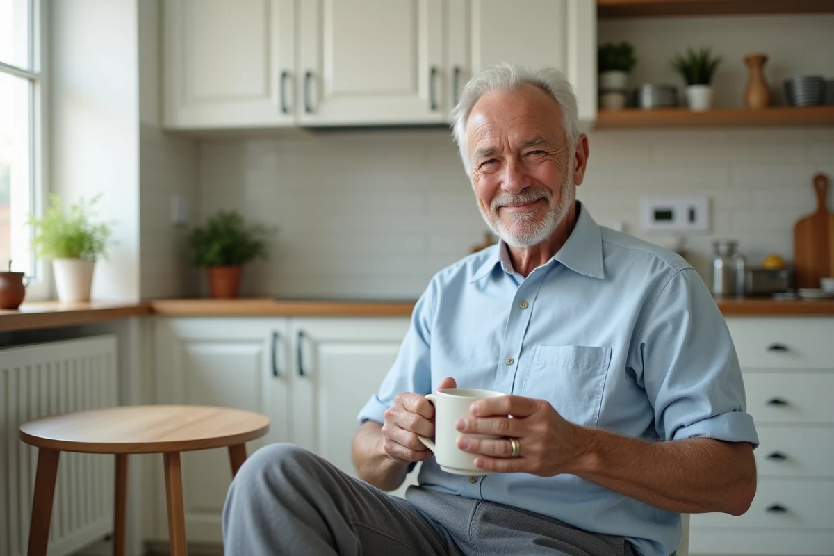 Un homme senior savoure un café dans sa cuisine bien rangée après un débarras de maison réussi et sans stress