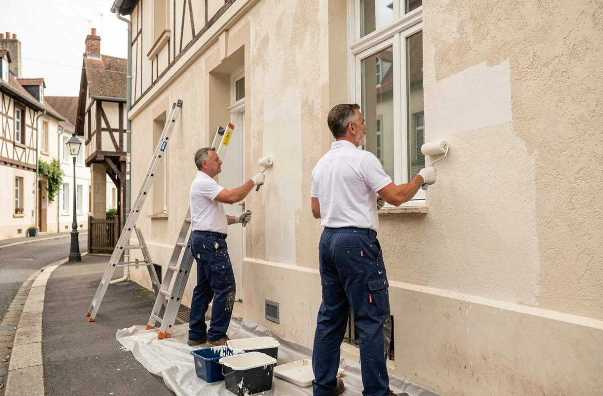 Deux peintres de la Société Rouennaise de Peinture enduisant la façade d'un immeuble résidentiel classique
