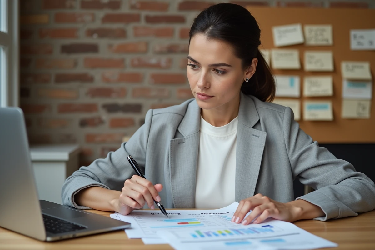 Femme gestionnaire qui analyse un tableau de suivi budgétaire de rénovation sur son bureau à domicile