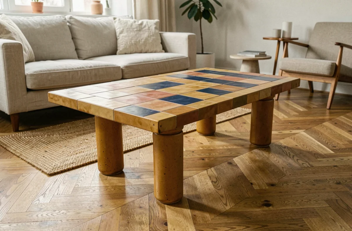 Table basse vintage Roger Capron en céramique avec plateau en mosaïque géométrique posée dans un salon scandinave aux tons naturels