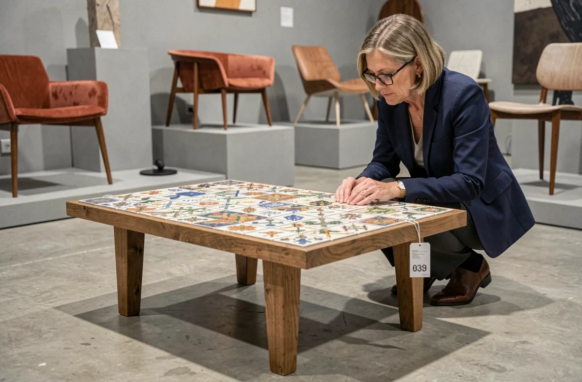 Femme examinant une table basse Capron en salle des ventes lors d'une vente aux enchères d'objets de design vintage