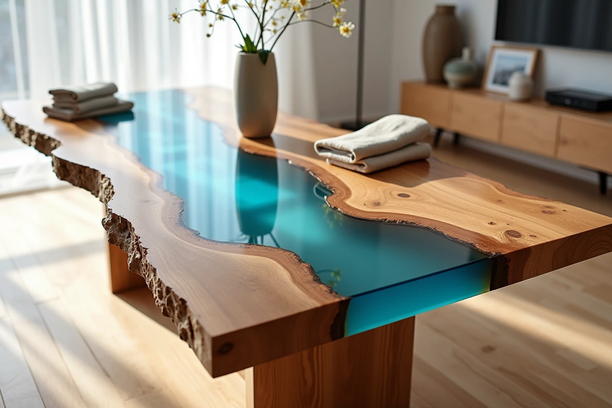 Table en résine époxy bois et bleu transparente dans un salon scandinave moderne