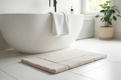 Tapis de bain en diatomite posé sur carrelage blanc dans une salle de bain minimaliste après plusieurs mois d'utilisation