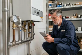 Technicien inspectant une chaudière à gaz murale dans une chaufferie domestique