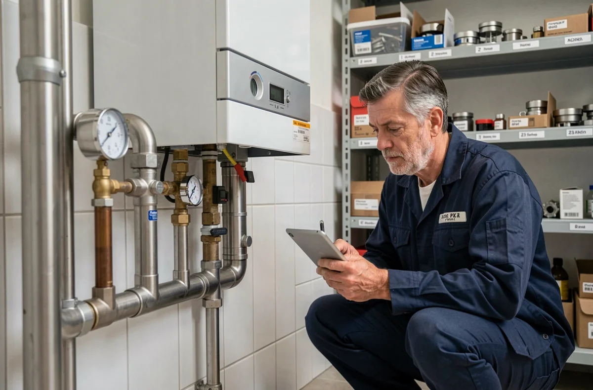 Technicien inspectant une chaudière à gaz murale dans une chaufferie domestique