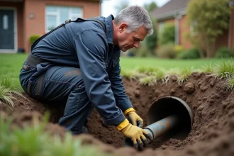 Technicien en assainissement inspectant un drain de fosse septique bouché dans un jardin résidentiel