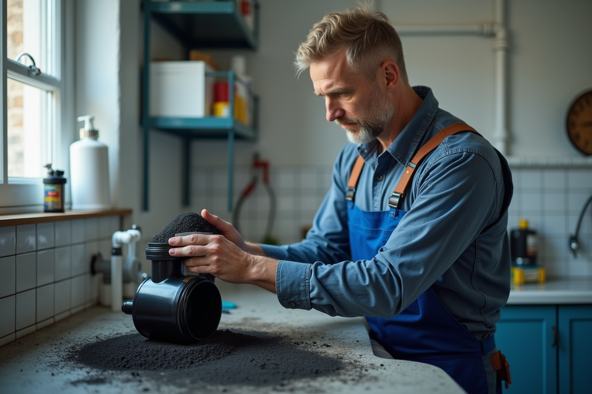 Technicien en overalls ajoutant du charbon actif à un filtre