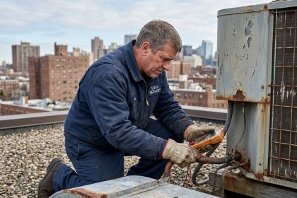 Technicien HVAC inspectant un ancien condenseur sur un toit commercial avant remplacement en retrofit