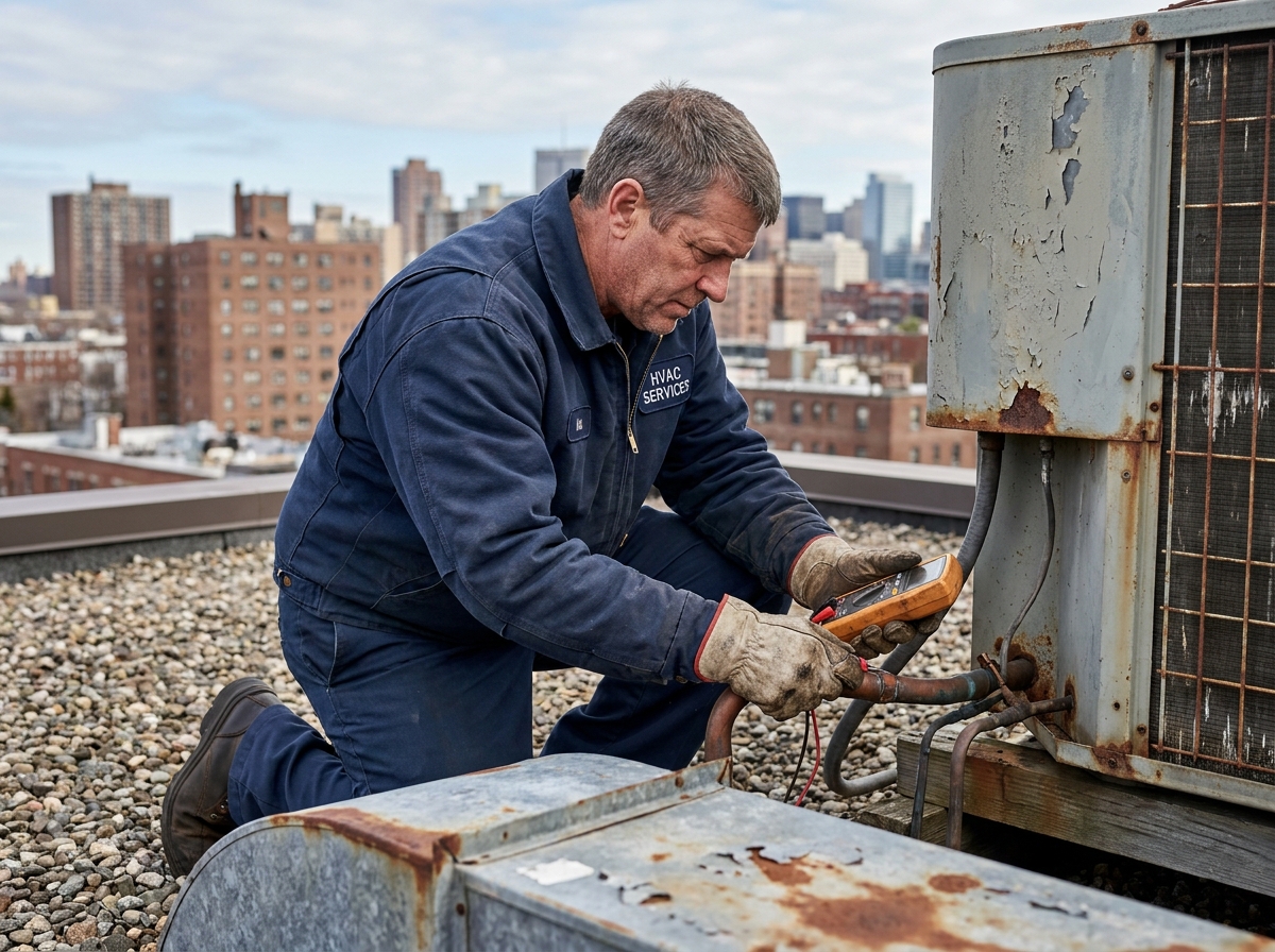 Technicien HVAC inspectant un ancien condenseur sur un toit commercial avant remplacement en retrofit