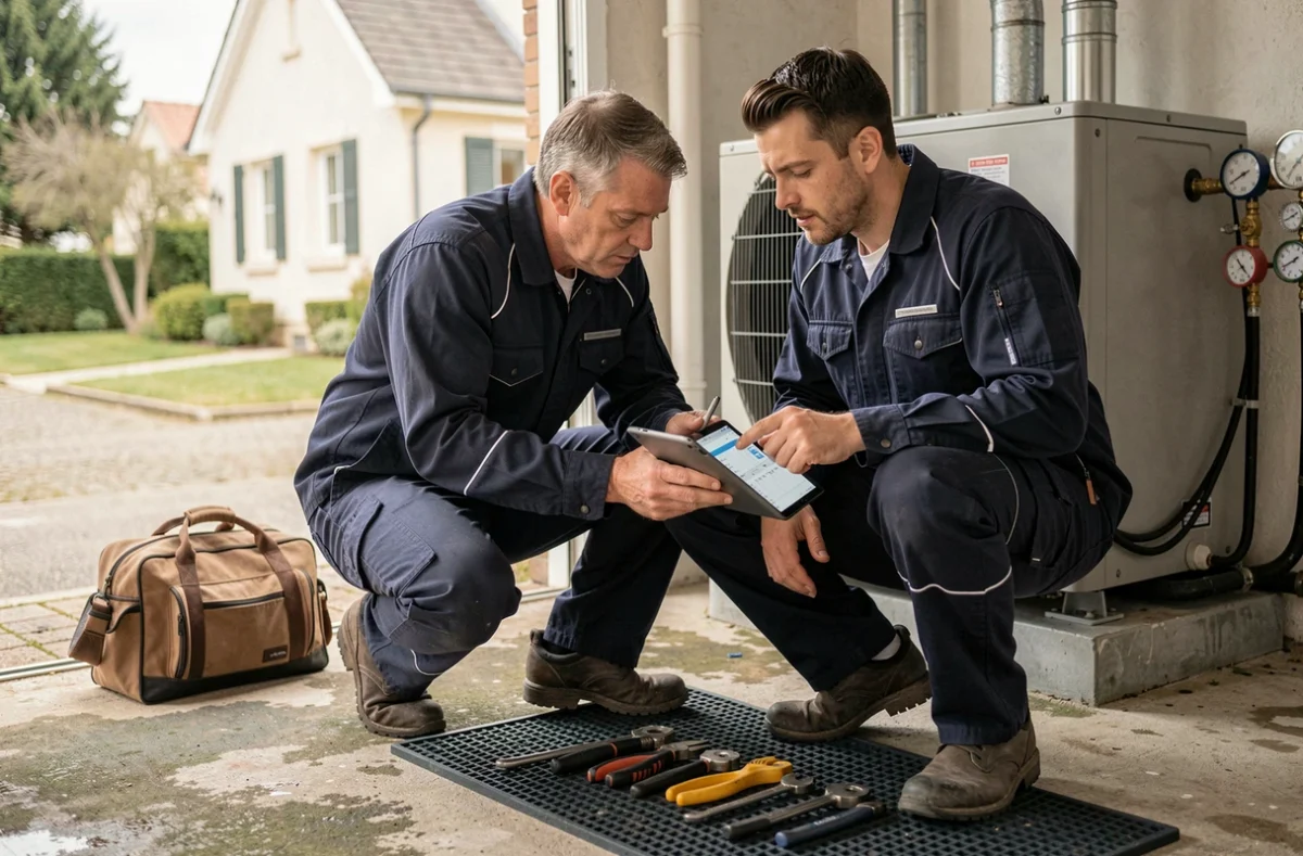 Technicien en train d'installer une pompe à chaleur avec une tablette numérique affichant les spécifications