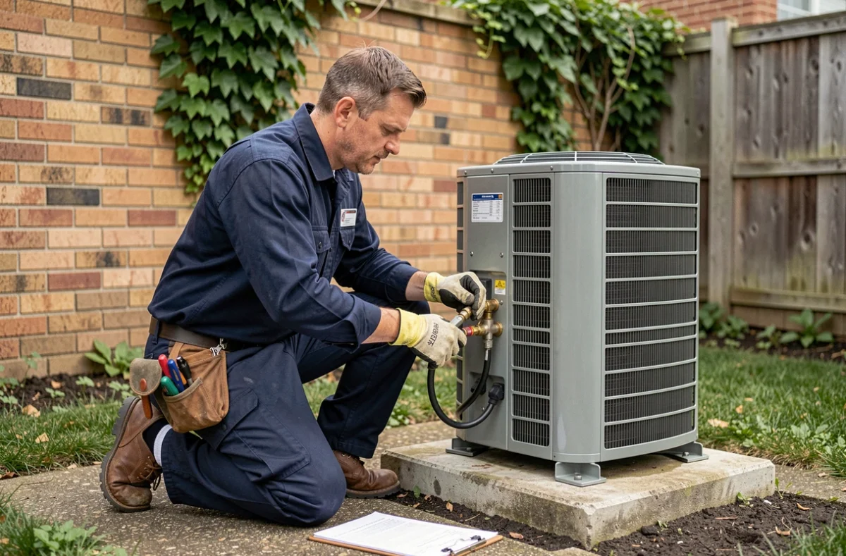 Technicien en train d'installer et vérifier une pompe à chaleur air-eau dans un jardin résidentiel