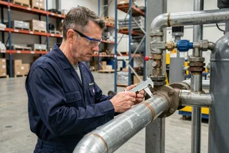 Technicien industriel mesurant le diamètre d'un tuyau en acier relié à un compresseur d'air en atelier