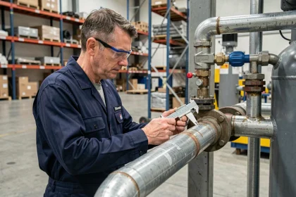 Technicien industriel mesurant le diamètre d'un tuyau en acier relié à un compresseur d'air en atelier