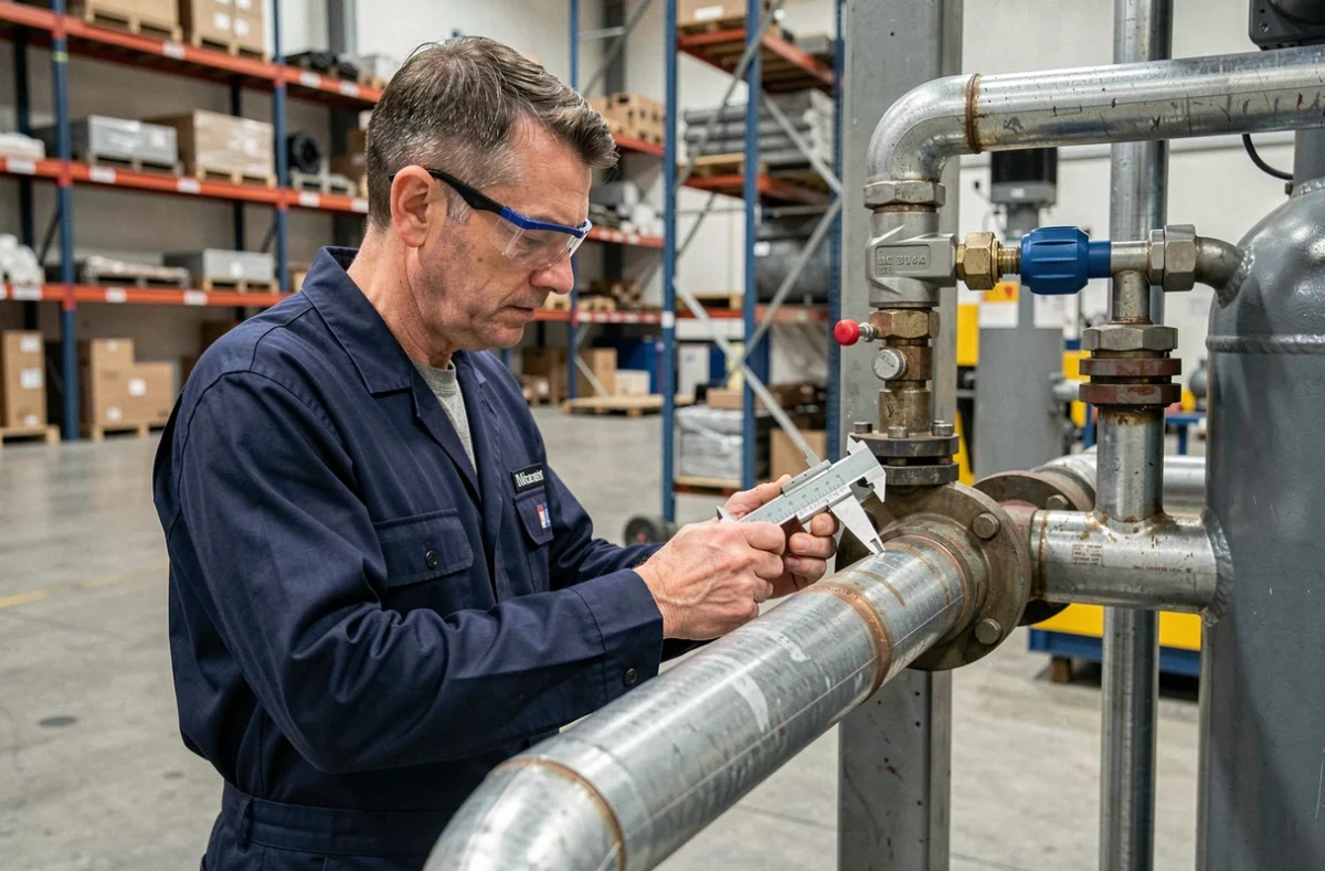 Technicien industriel mesurant le diamètre d'un tuyau en acier relié à un compresseur d'air en atelier