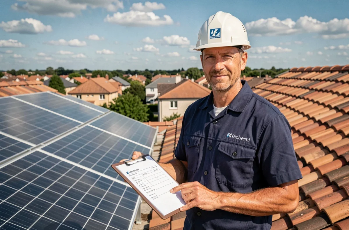 Technicien en installation de panneaux solaires sur un toit résidentiel tenant un contrat de service