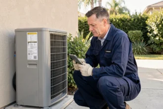 Technicien installant une pompe à chaleur air-air sur la façade extérieure d'une maison individuelle
