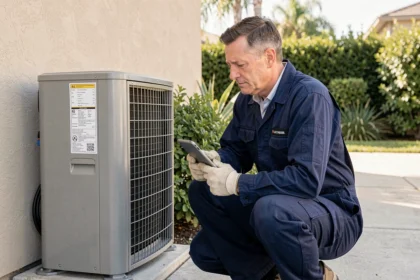 Technicien installant une pompe à chaleur air-air sur la façade extérieure d'une maison individuelle