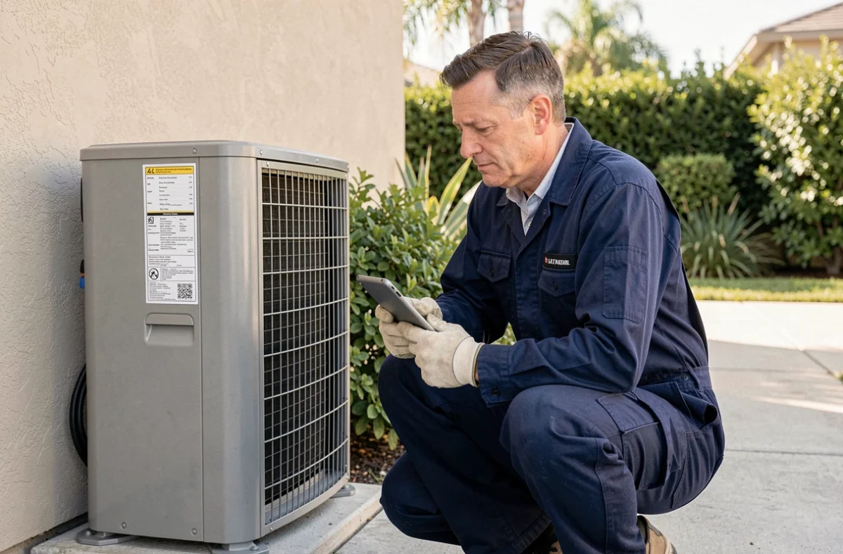 Technicien installant une pompe à chaleur air-air sur la façade extérieure d'une maison individuelle