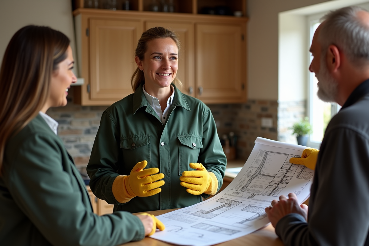 Technicienne expliquant plans de chemin&eacute;e &agrave; un couple dans la cuisine