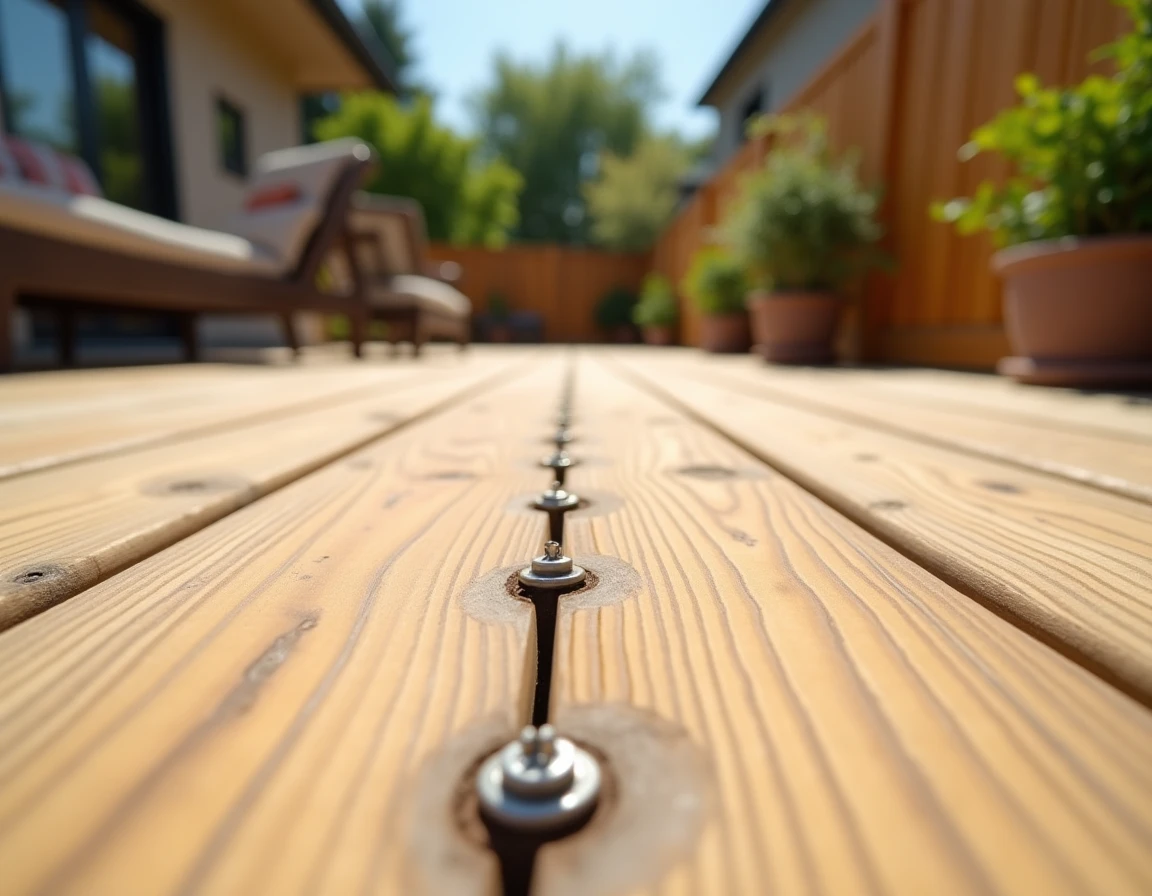 Terrasse en bois finalisée avec vis inox et scellement chimique durci pour une fixation longue durée