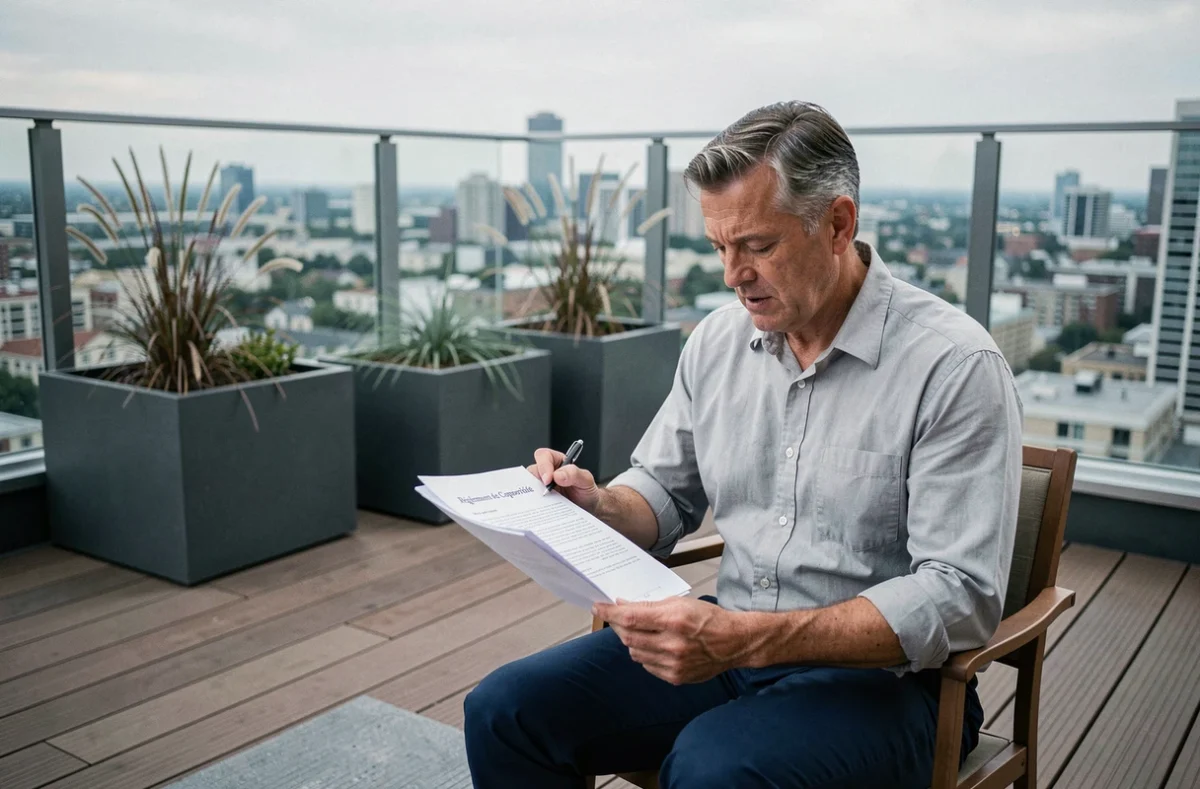 Homme lisant le règlement de copropriété sur une terrasse partagée en toiture d'immeuble moderne