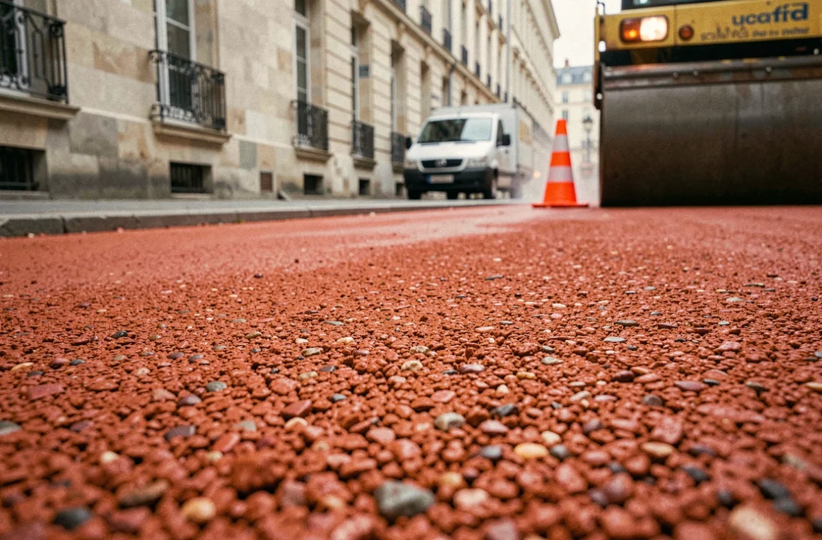 Texture de revêtement en enrobé rouge fraîchement compacté sur un trottoir urbain