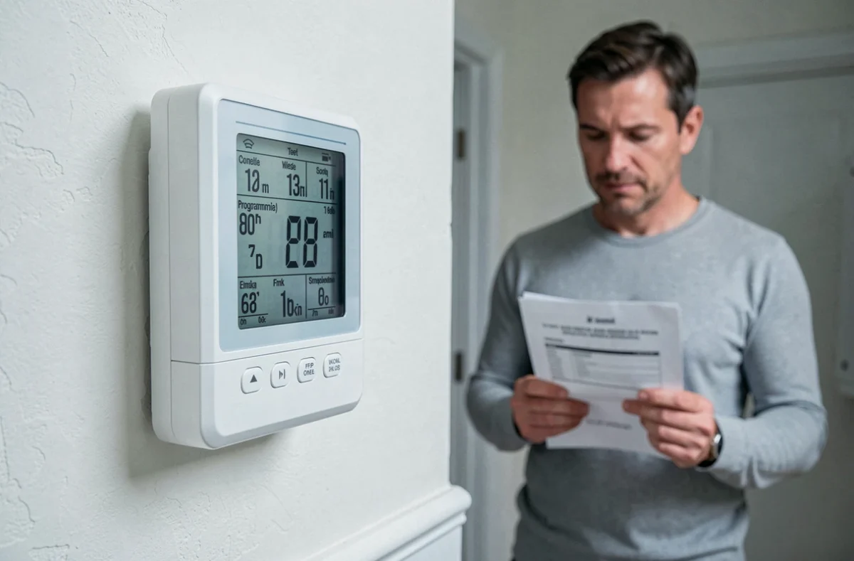 Thermostat numérique d'une pompe à chaleur air-air affiché avec un homme consultant un devis pour un logement de 80 m2
