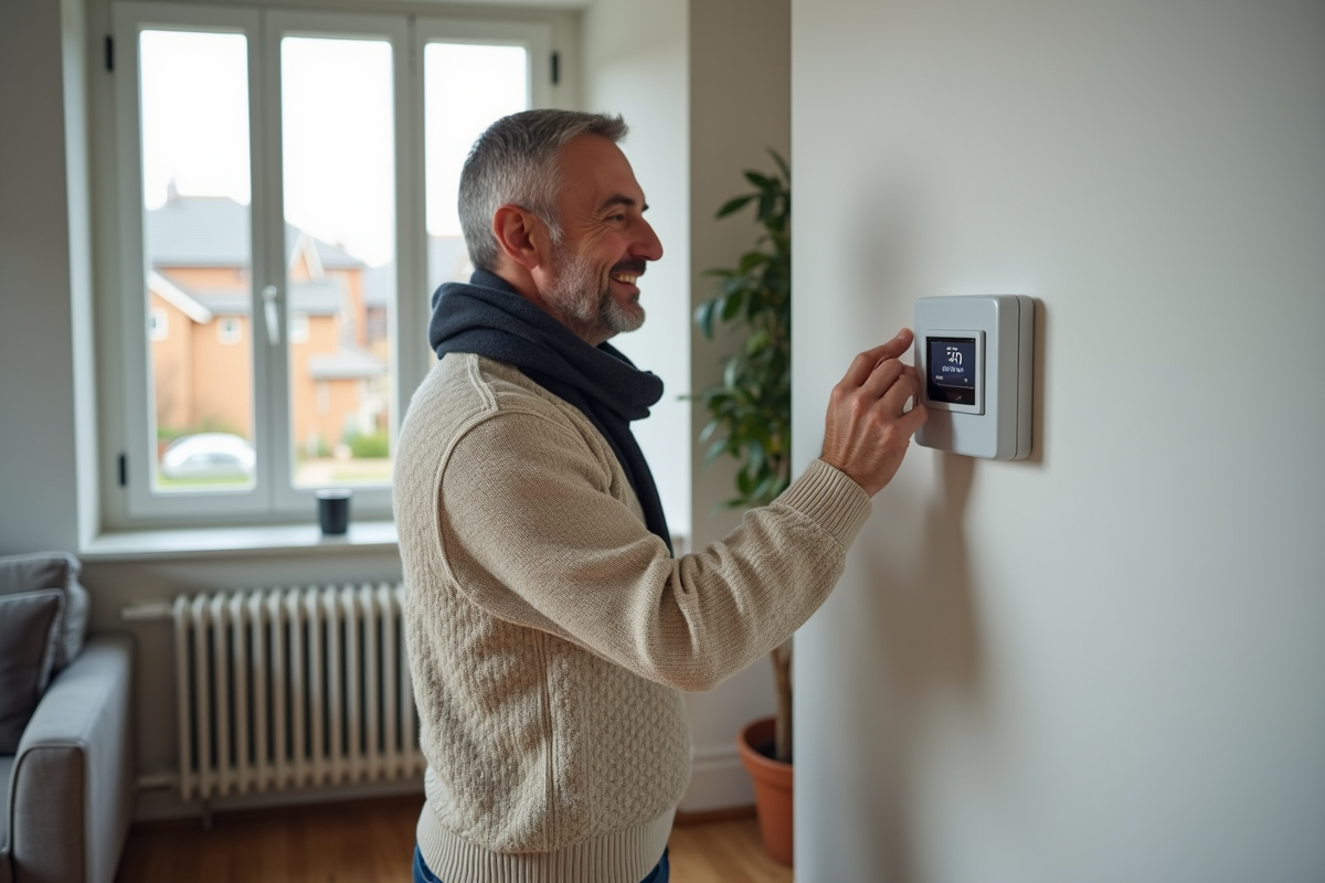 Homme ajustant un thermostat moderne dans un salon cosy