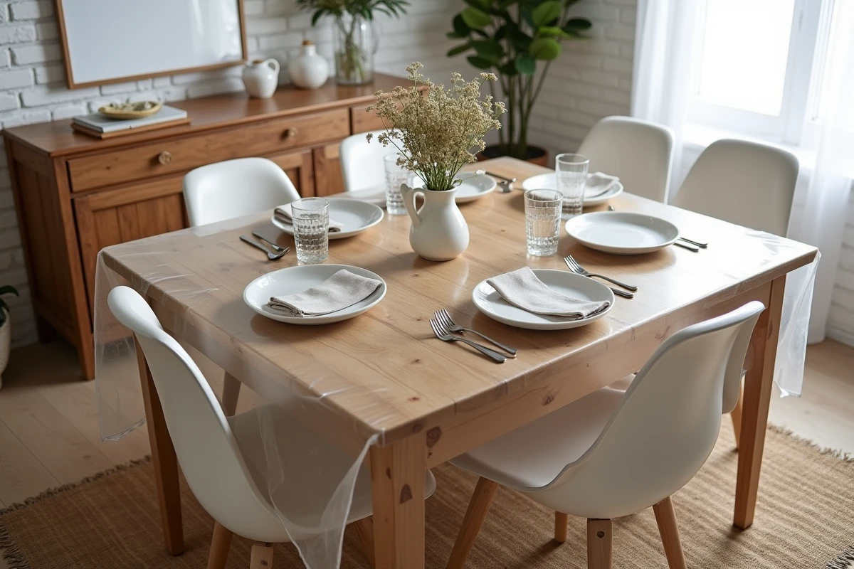 Table rectangulaire en bois recouverte d'une toile cirée transparente épaisse avec couvert dressé dans une salle à manger rustique