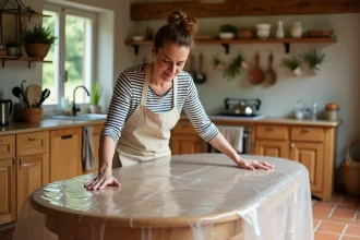 Femme étalant une toile cirée épaisse transparente sur une table ovale en bois dans une cuisine de style campagne française