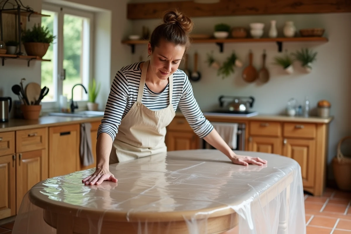 Femme étalant une toile cirée épaisse transparente sur une table ovale en bois dans une cuisine de style campagne française