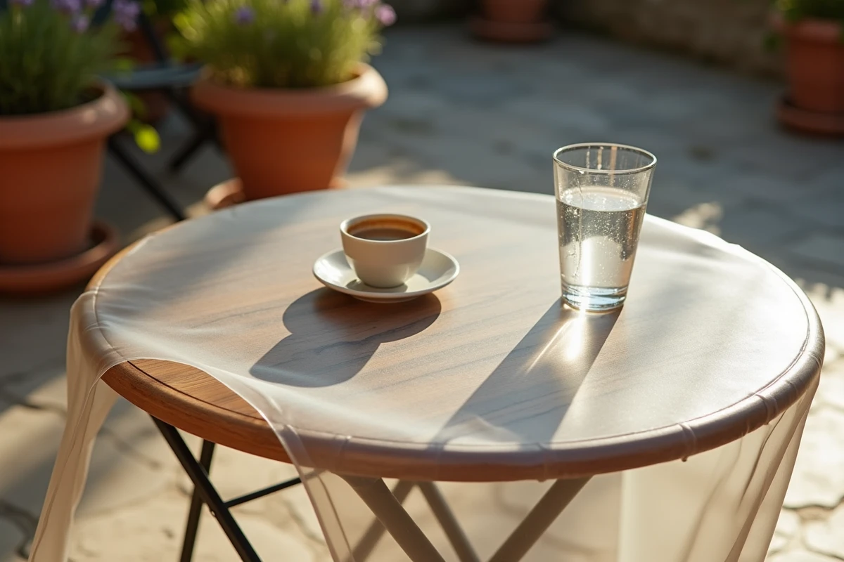 Gros plan d'une toile cirée transparente épaisse sur une table ronde de terrasse extérieure avec tasses et verre posés dessus