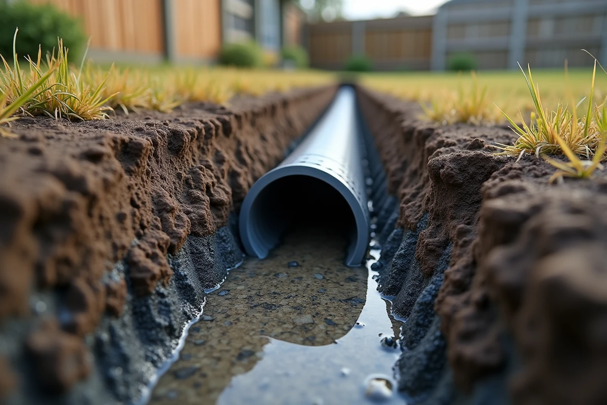 Tranchée de drain saturée avec accumulation de biomat et eau stagnante autour d'un tuyau perforé de fosse septique