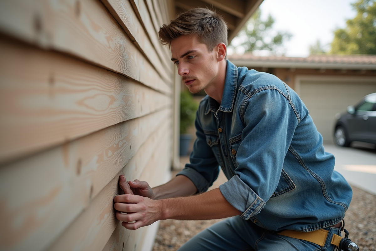 Jeune homme posant un bardage horizontal sur une maison