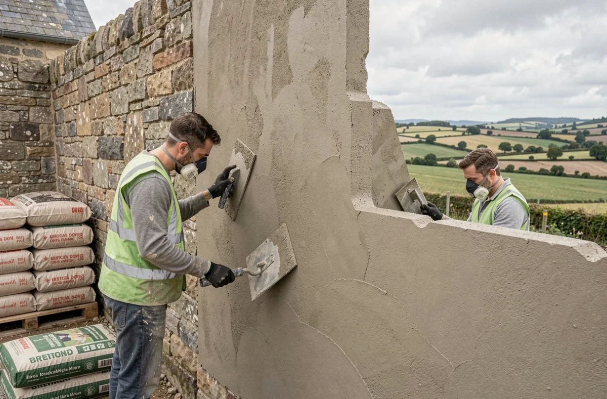 Ouvriers TSB Travaux Services Bretagne appliquant un enduit de ciment sur une façade en pierre en rénovation