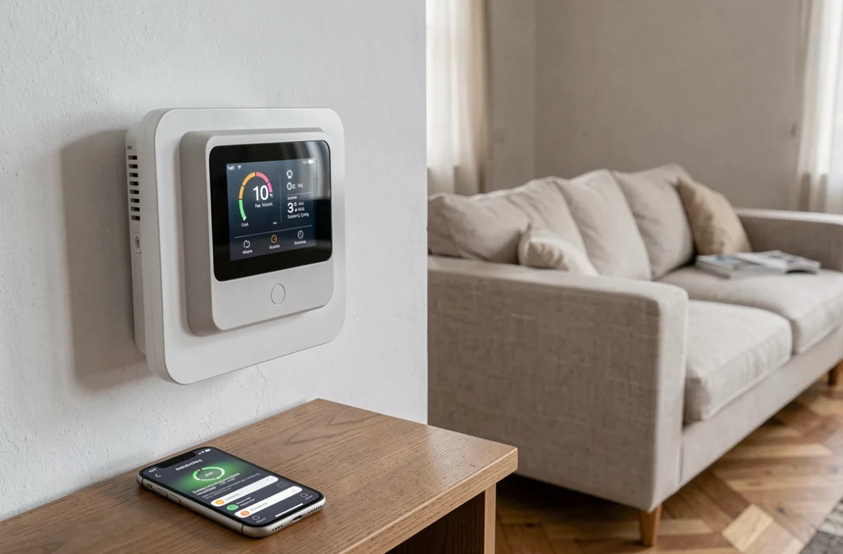 Unité intérieure de pompe à chaleur avec thermostat numérique dans un salon moderne français
