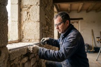 Artisan mesurant un cadre de fenêtre dans une maison en pierre à Rennes avant la pose