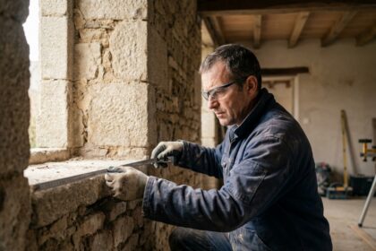 Artisan mesurant un cadre de fenêtre dans une maison en pierre à Rennes avant la pose