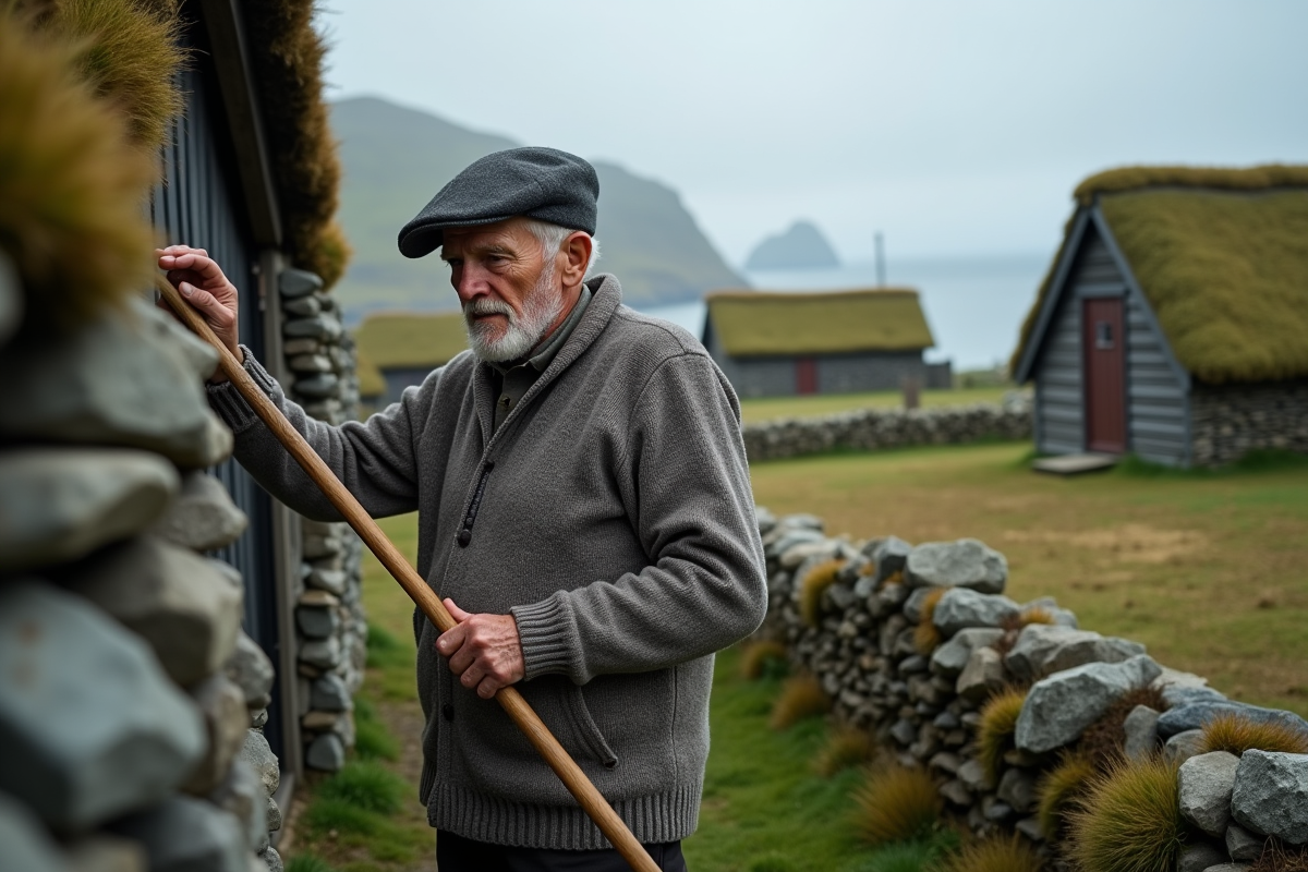 Homme age en pull en laine devant maison en toits de gazon